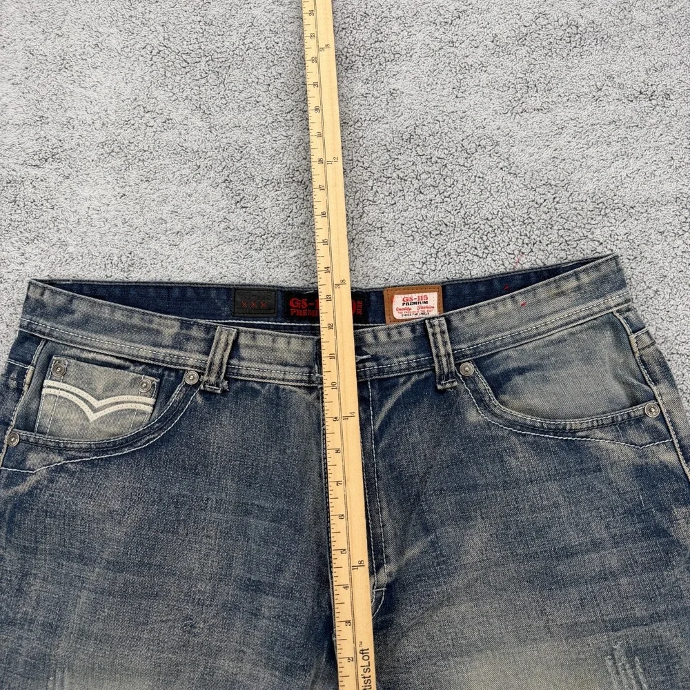 GS-115 Jean Short Mens 40 Blue Baggy Stitched Flap Pocket Distressed Hip Hop Y2K